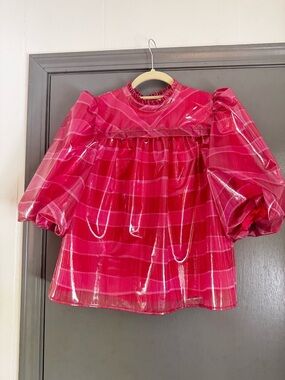 Ruffled Puff-Sleeve Pink Plaid Blouse - Unbranded